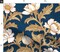 Traditional Navy Floral Heritage Revival Botanical White Flower Poppies Roses Peonies Custom Printed Fabric by Spoonflower Various Fabrics by the Yard or Fat Quarter